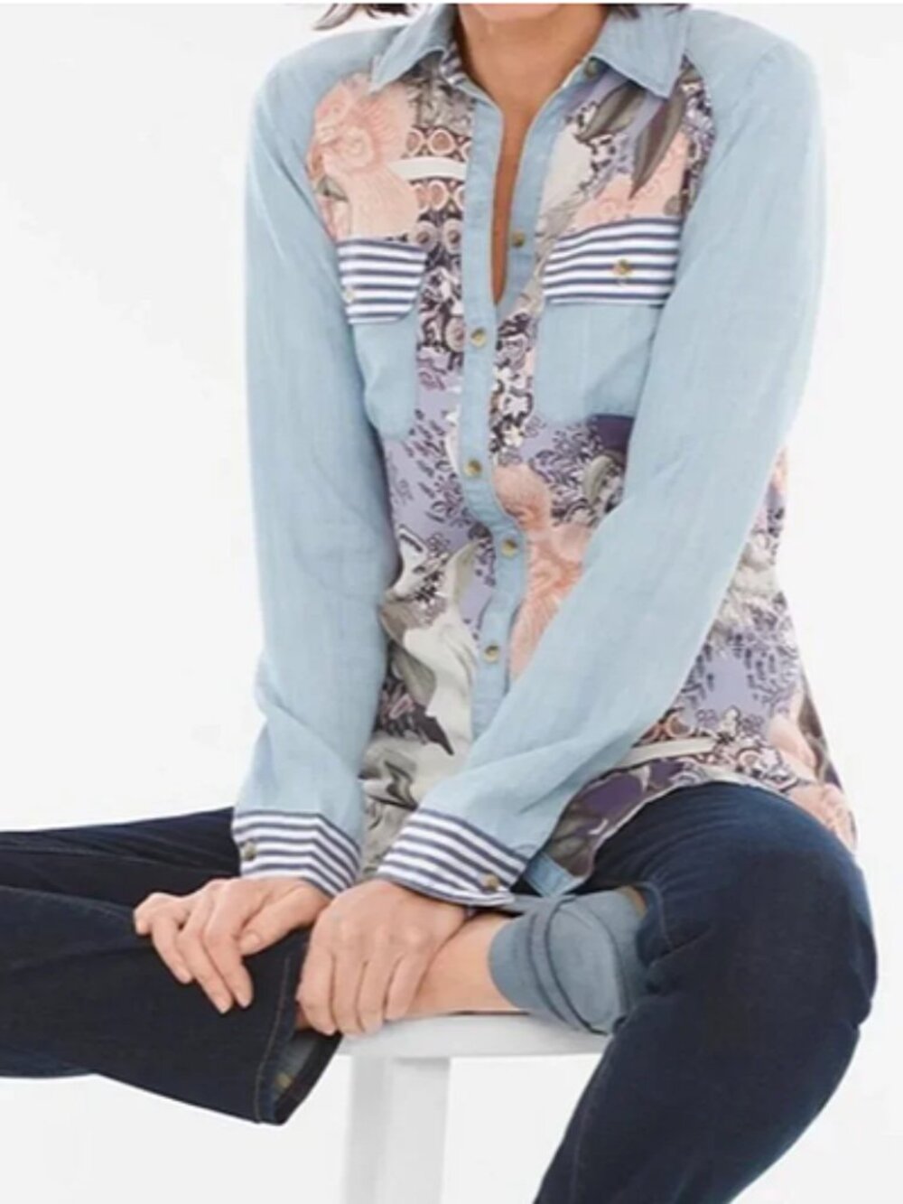 Chico's Floral Mix Denim Blouse size 2